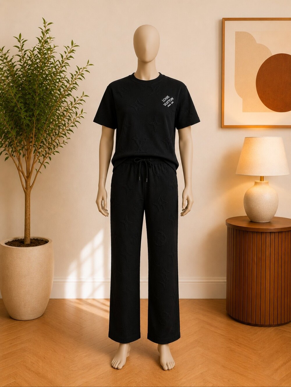 Women's Black Knit Lounge Pants & Tee Set